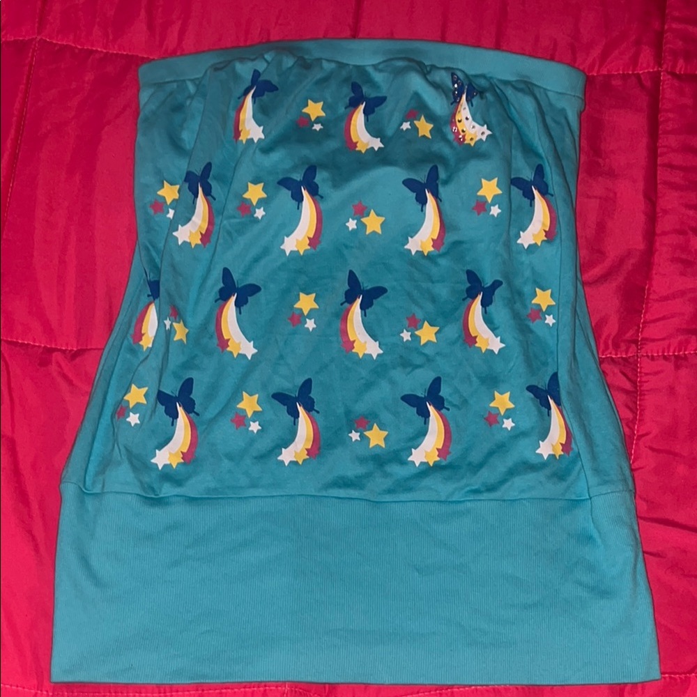 Teal Strapless Top with Rainbow and Star Print